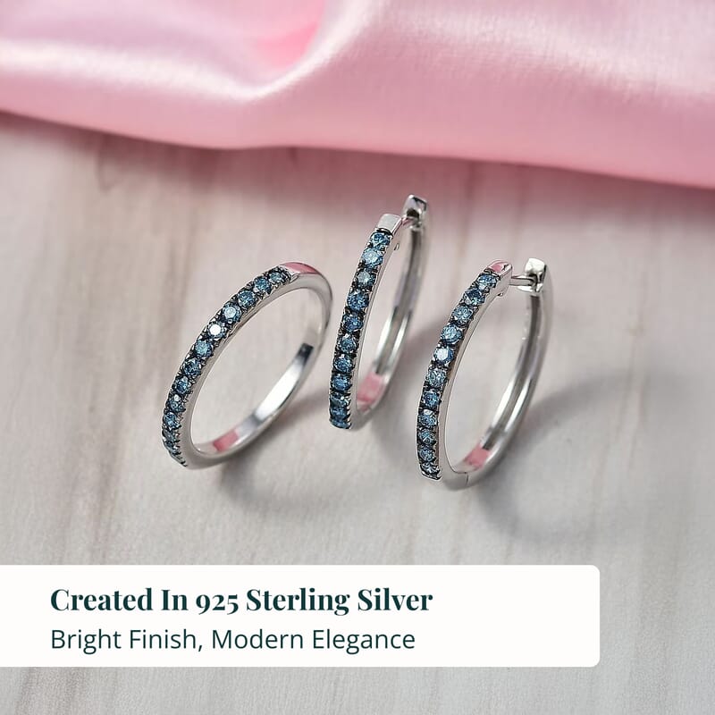  2 Piece Set Luxuriant Lab Grown Blue Diamond SI 0.85 ctw Band Ring (Size 9.0) and Hoop Earrings in Rhodium Over Sterling Silver