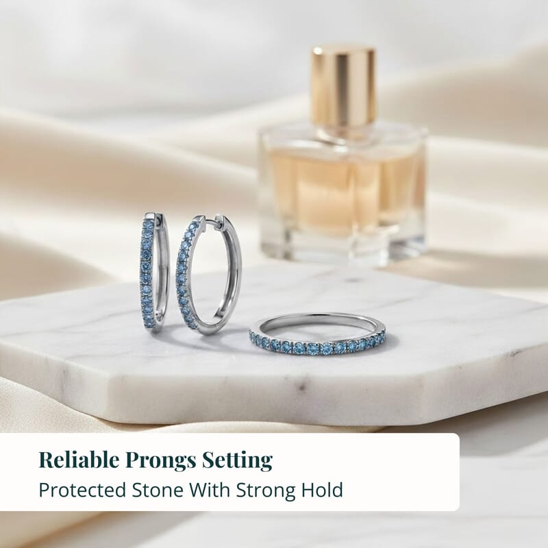  2 Piece Set Luxuriant Lab Grown Blue Diamond SI 0.85 ctw Band Ring (Size 9.0) and Hoop Earrings in Rhodium Over Sterling Silver