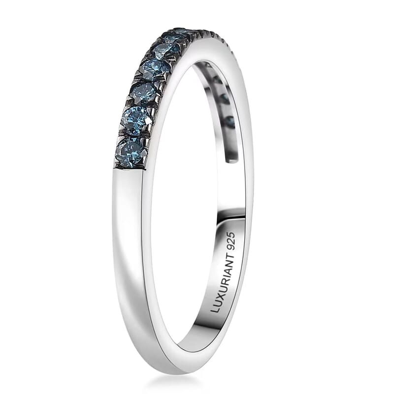  2 Piece Set Luxuriant Lab Grown Blue Diamond SI 0.85 ctw Band Ring (Size 9.0) and Hoop Earrings in Rhodium Over Sterling Silver