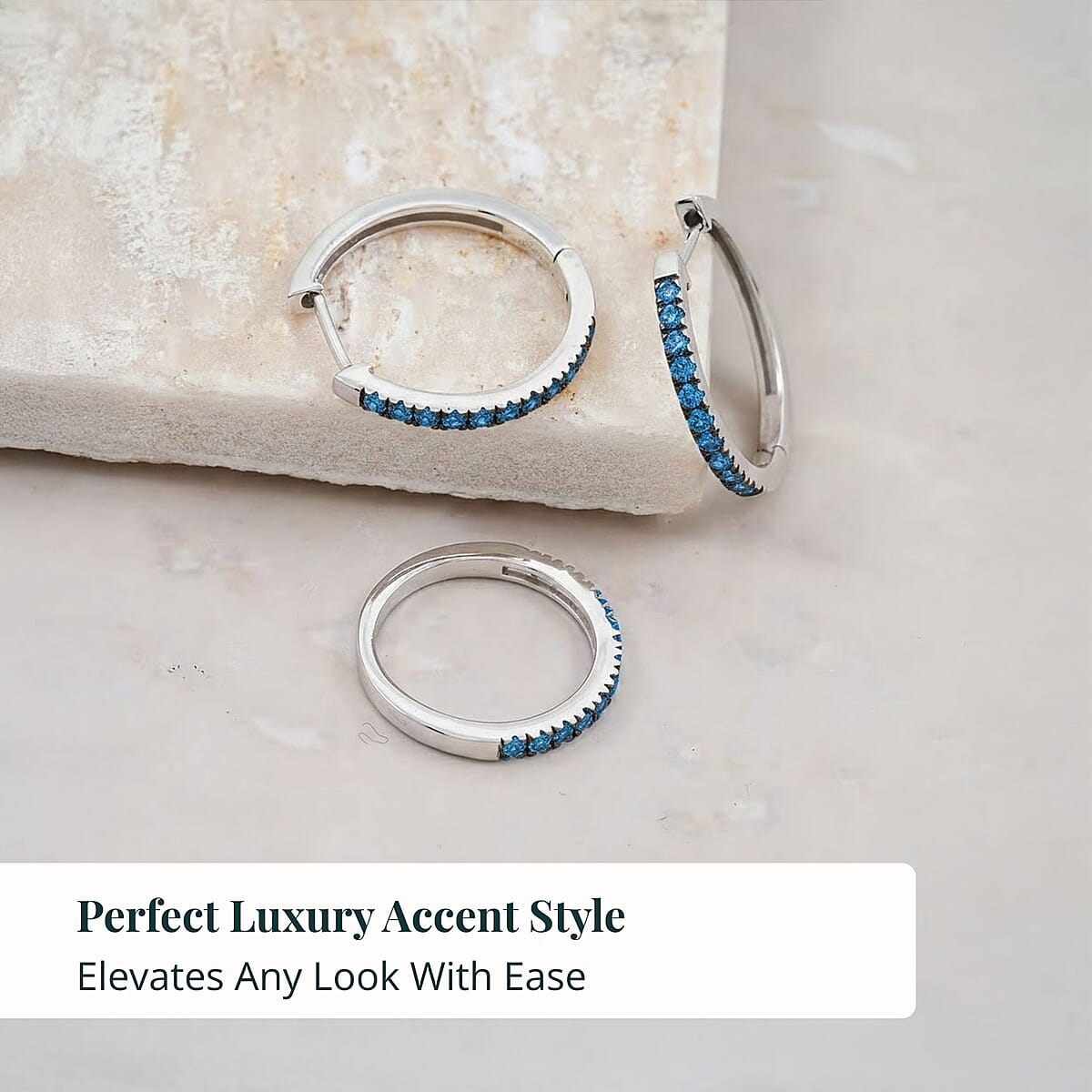  2 Piece Set Luxuriant Lab Grown Blue Diamond SI 0.85 ctw Band Ring (Size 9.0) and Hoop Earrings in Rhodium Over Sterling Silver image number 6