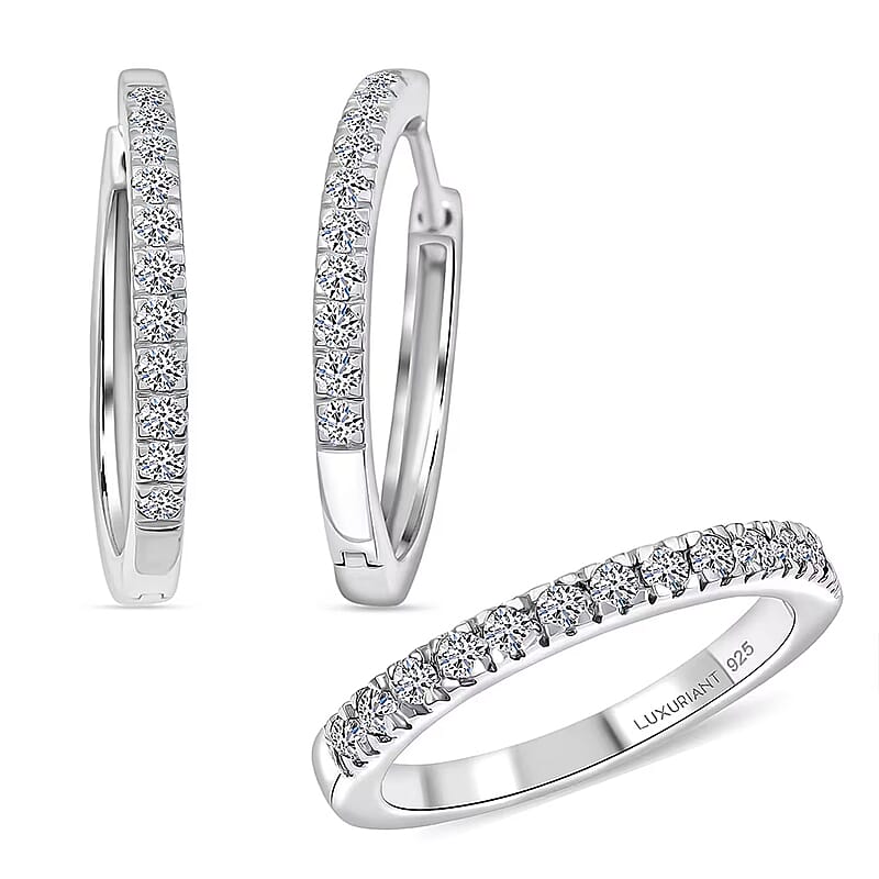 2 Piece Set Luxuriant Lab Grown Diamond G-H SI 0.85 ctw Everyday Brilliance Ring (Size 6.00) and Earrings in Rhodium Over Sterling Silver