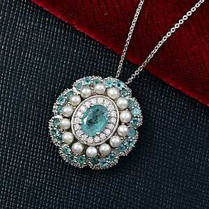 D'Joy Premium Grandidierite and Multi Gemstone 3.25 ctw Art Deco Pendant Necklace in Rhodium Over Sterling Silver 20 Inches