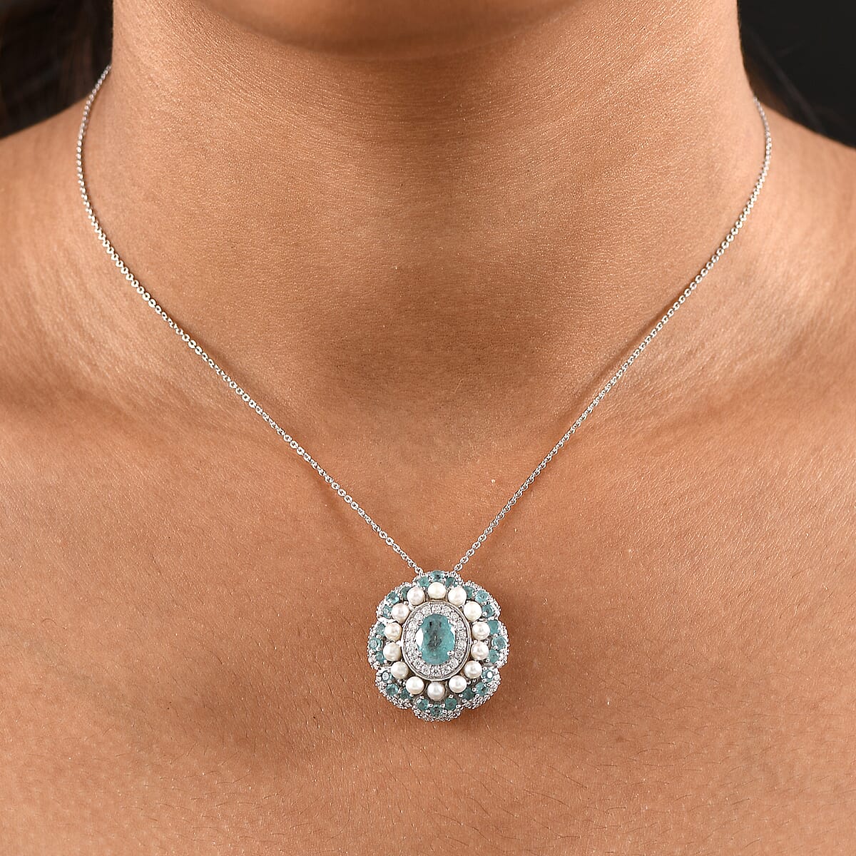 D'Joy Premium Grandidierite and Multi Gemstone 3.25 ctw Floral Elegance Pendant Necklace in Rhodium Over Sterling Silver 20 Inches image number 2