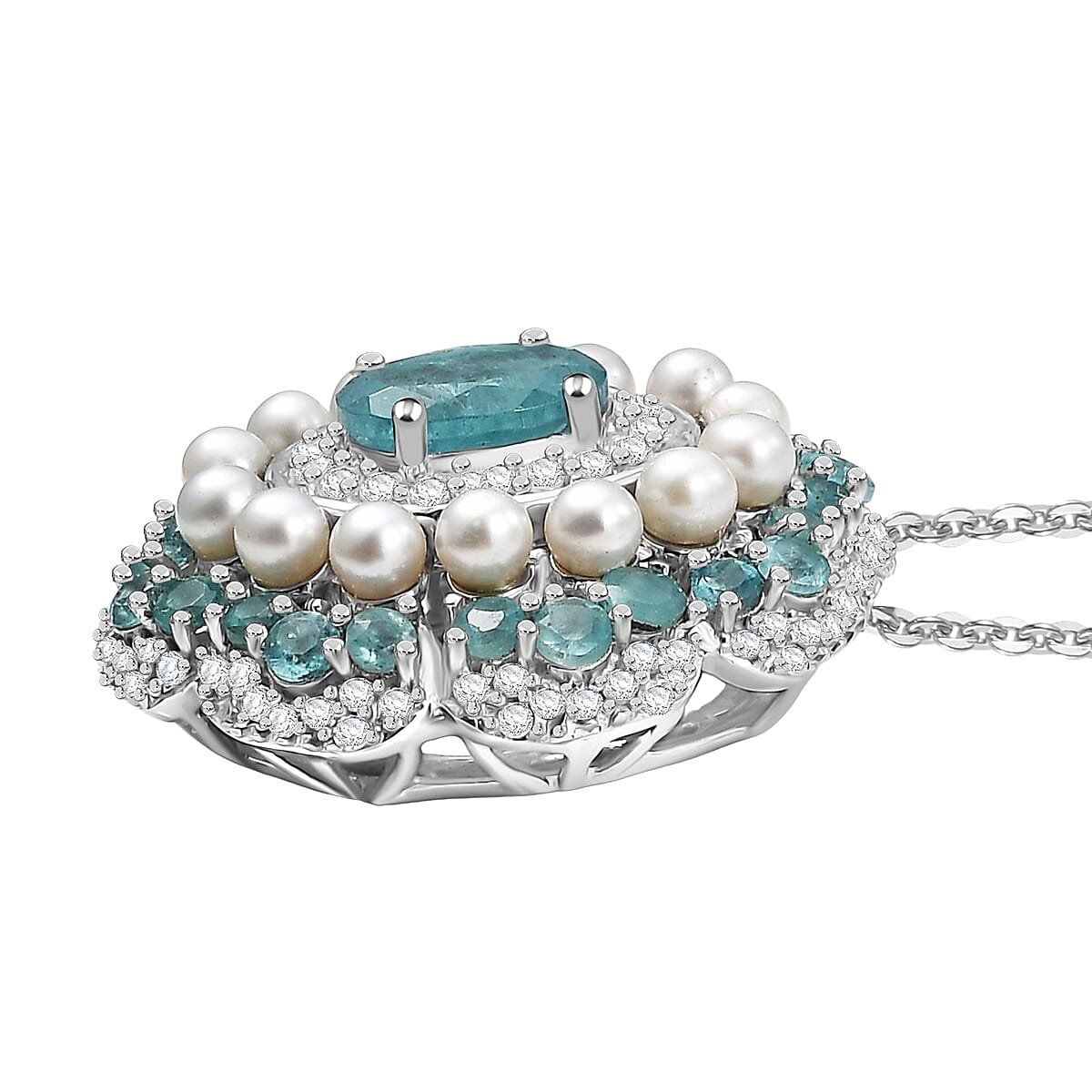 D'Joy Premium Grandidierite and Multi Gemstone 3.25 ctw Floral Elegance Pendant Necklace in Rhodium Over Sterling Silver 20 Inches image number 3