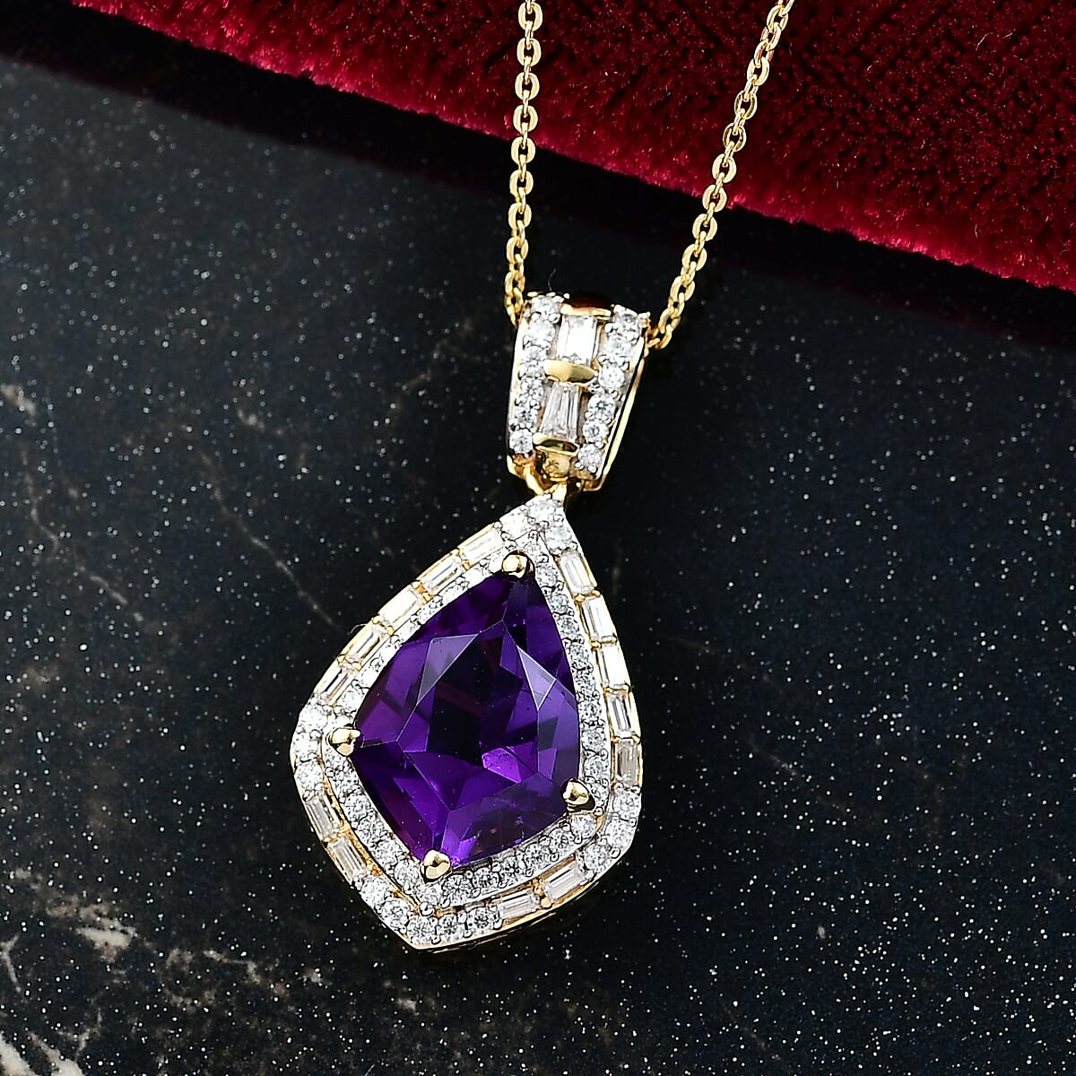 Epic Deal D'Joy AAA Lusaka Amethyst and Moissanite 5.80 ctw Shield Pendant Necklace 20 Inches in 18K Vermeil Yellow Gold Over Sterling Silver image number 1