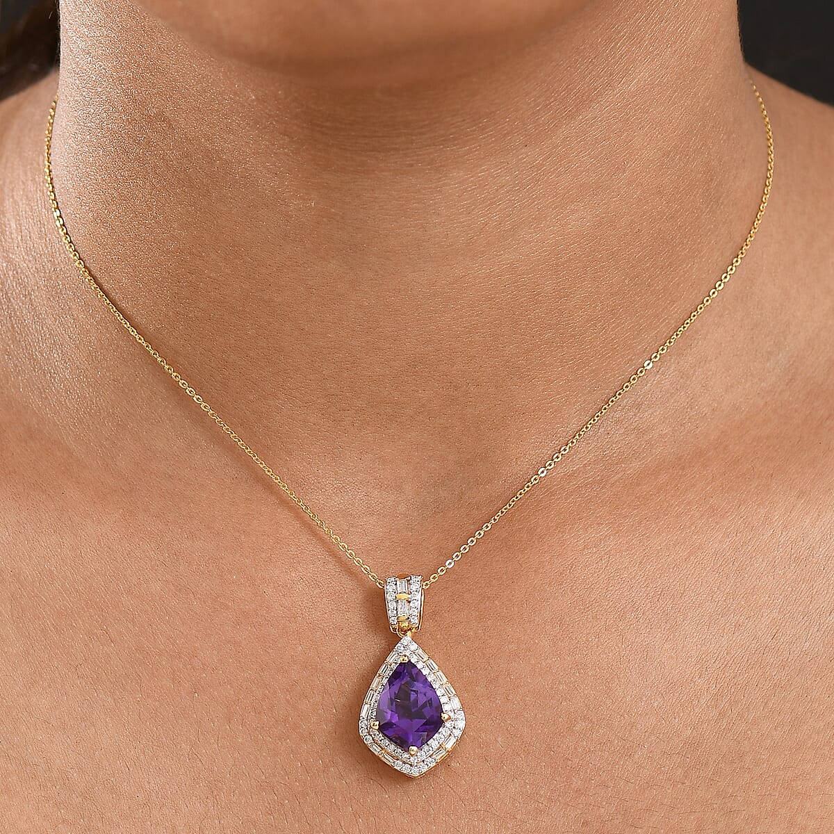Epic Deal D'Joy AAA Lusaka Amethyst and Moissanite 5.80 ctw Shield Pendant Necklace 20 Inches in 18K Vermeil Yellow Gold Over Sterling Silver image number 2