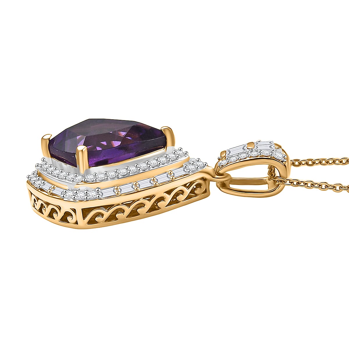 Epic Deal D'Joy AAA Lusaka Amethyst and Moissanite 5.80 ctw Shield Pendant Necklace 20 Inches in 18K Vermeil Yellow Gold Over Sterling Silver image number 3