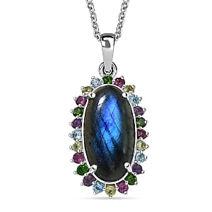 EverTrue AAA Malagasy Labradorite and Multi Gemstone 11.00 ctw Pendant in Platinum Bond with Stainless Steel Necklace 20 Inches