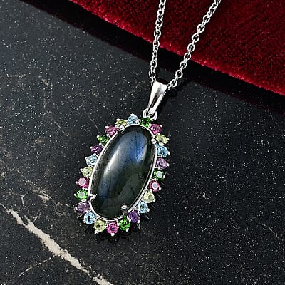 EverTrue AAA Malagasy Labradorite and Multi Gemstone 11.00 ctw Aurora Blossom Pendant in Platinum Bond with Stainless Steel Necklace (20 Inches)