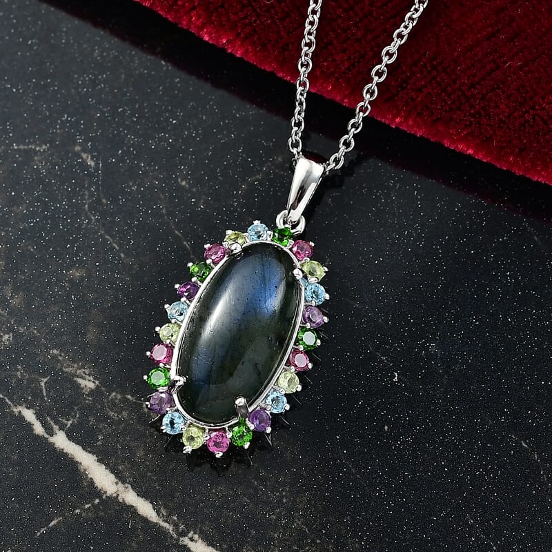 EverTrue AAA Malagasy Labradorite and Multi Gemstone 11.00 ctw Aurora Blossom Pendant in Platinum Bond with Stainless Steel Necklace (20 Inches)