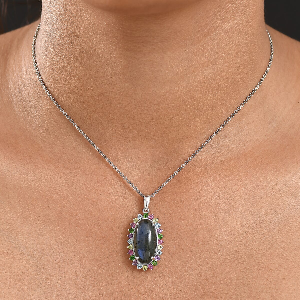 EverTrue AAA Malagasy Labradorite and Multi Gemstone 11.00 ctw Pendant in Platinum Bond with Stainless Steel Necklace 20 Inches image number 2