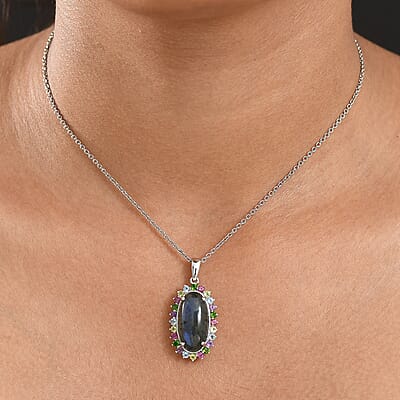 EverTrue AAA Malagasy Labradorite and Multi Gemstone 11.00 ctw Aurora Blossom Pendant in Platinum Bond with Stainless Steel Necklace (20 Inches)