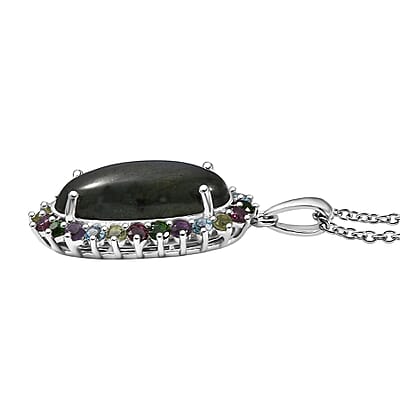 EverTrue AAA Malagasy Labradorite and Multi Gemstone 11.00 ctw Aurora Blossom Pendant in Platinum Bond with Stainless Steel Necklace (20 Inches)