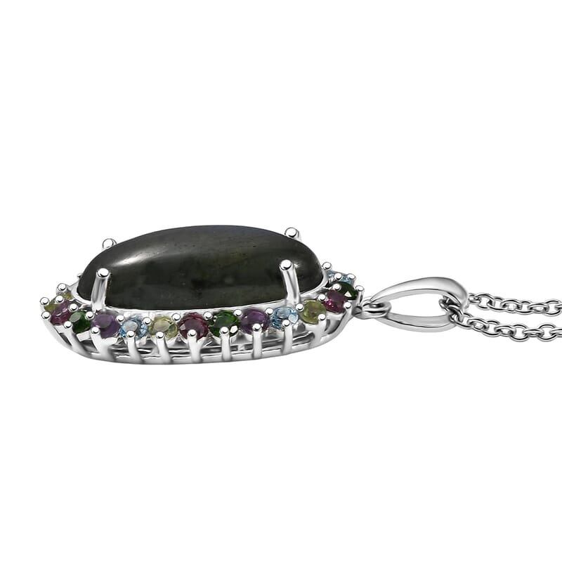 EverTrue AAA Malagasy Labradorite and Multi Gemstone 11.00 ctw Aurora Blossom Pendant in Platinum Bond with Stainless Steel Necklace (20 Inches)