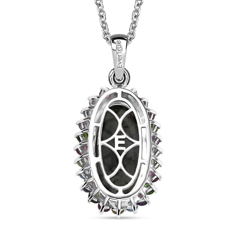 EverTrue AAA Malagasy Labradorite and Multi Gemstone 11.00 ctw Aurora Blossom Pendant in Platinum Bond with Stainless Steel Necklace (20 Inches)