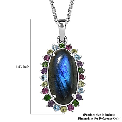 EverTrue AAA Malagasy Labradorite and Multi Gemstone 11.00 ctw Aurora Blossom Pendant in Platinum Bond with Stainless Steel Necklace (20 Inches)