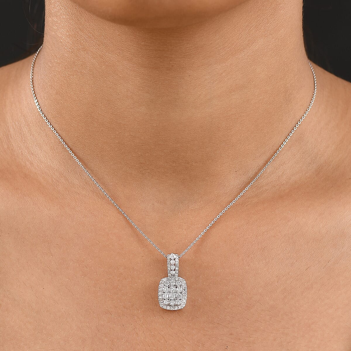 Luxuriant Lab Grown Diamond G-H SI 1.00 ctw Cluster Halo Pendant Necklace in Rhodium Over Sterling Silver 20 Inches image number 2