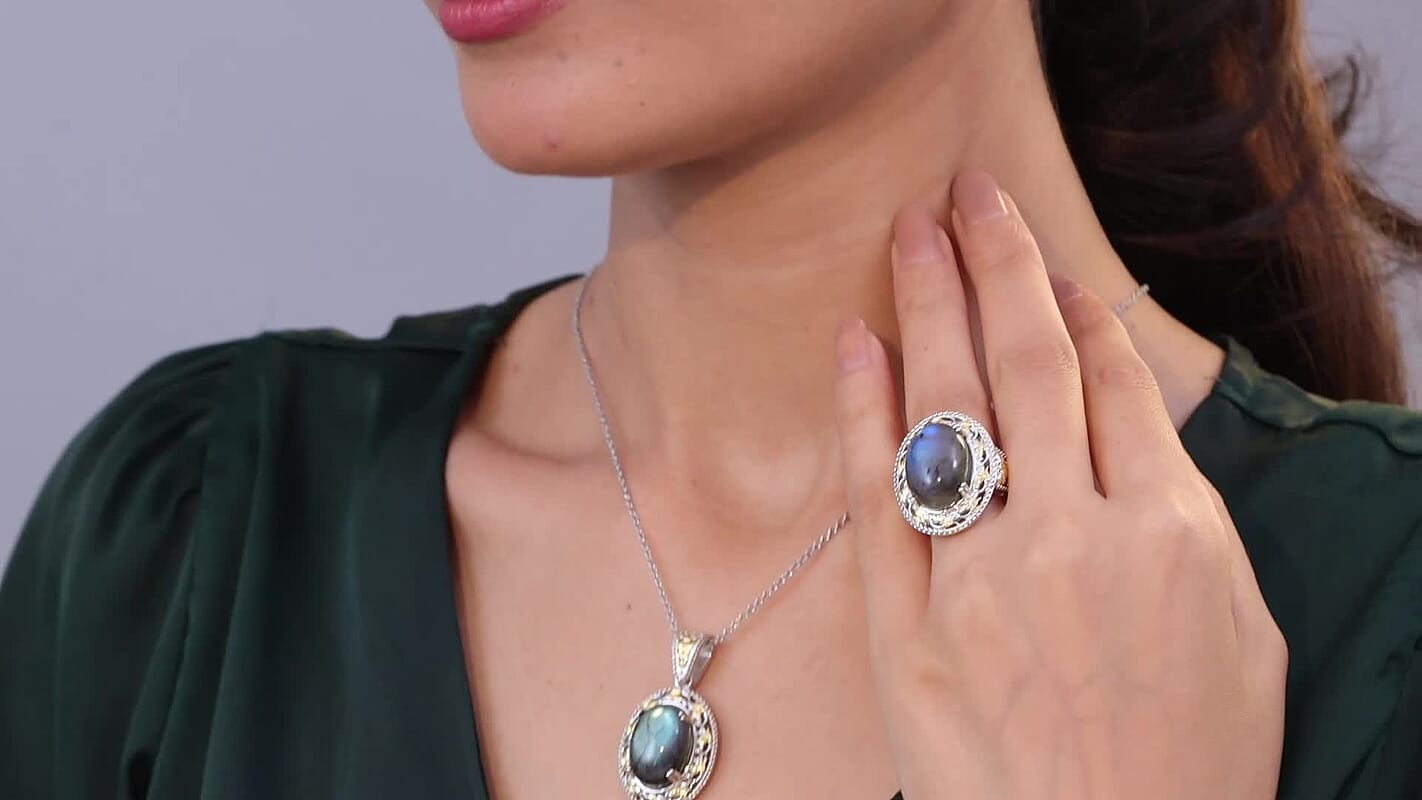 3 Piece Set - EverTrue Malagasy Labradorite Earrings, Ring (Size 6) and Pendant in 18K YG Plated and Platinum Bond with Stainless Steel Chain (20 Inches)  36.60 ctw