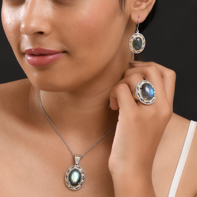 3 Piece Set - EverTrue Malagasy Labradorite 36.60 ctw Vintage Mirror Earrings, Ring (Size 6) and Pendant in 18K YG Plated and Platinum Bond with Stainless Steel Chain 20 Inches