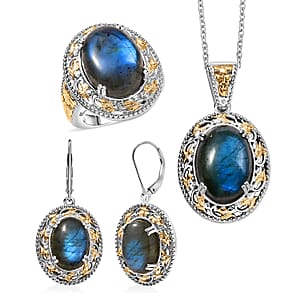 3 Piece Set - EverTrue Malagasy Labradorite 36.60 ctw Vintage Mirror Earrings, Ring (Size 9) and Pendant in 18K YG Plated and Platinum Bond with Stainless Steel Chain 20 Inches  