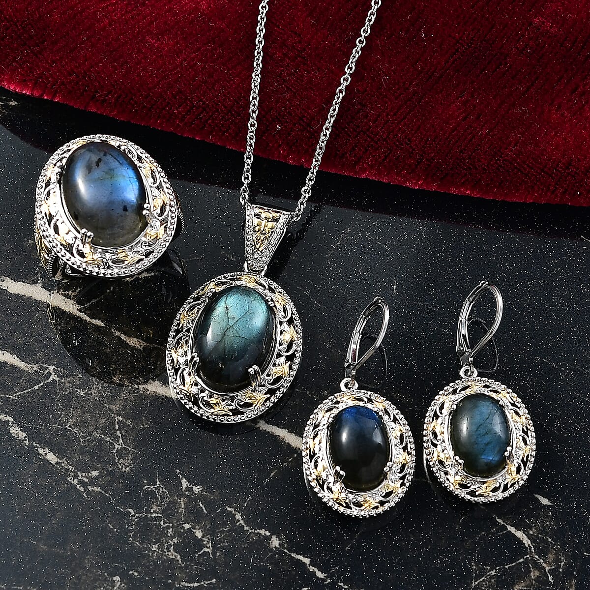 3 Piece Set - EverTrue Malagasy Labradorite 36.60 ctw Vintage Mirror Earrings, Ring (Size 9) and Pendant in 18K YG Plated and Platinum Bond with Stainless Steel Chain 20 Inches   image number 1