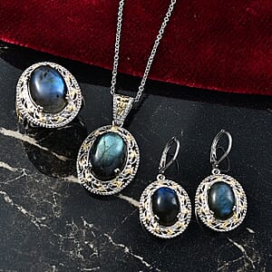 3 Piece Set - EverTrue Malagasy Labradorite 36.60 ctw Vintage Mirror Earrings, Ring (Size 9) and Pendant in 18K YG Plated and Platinum Bond with Stainless Steel Chain 20 Inches  