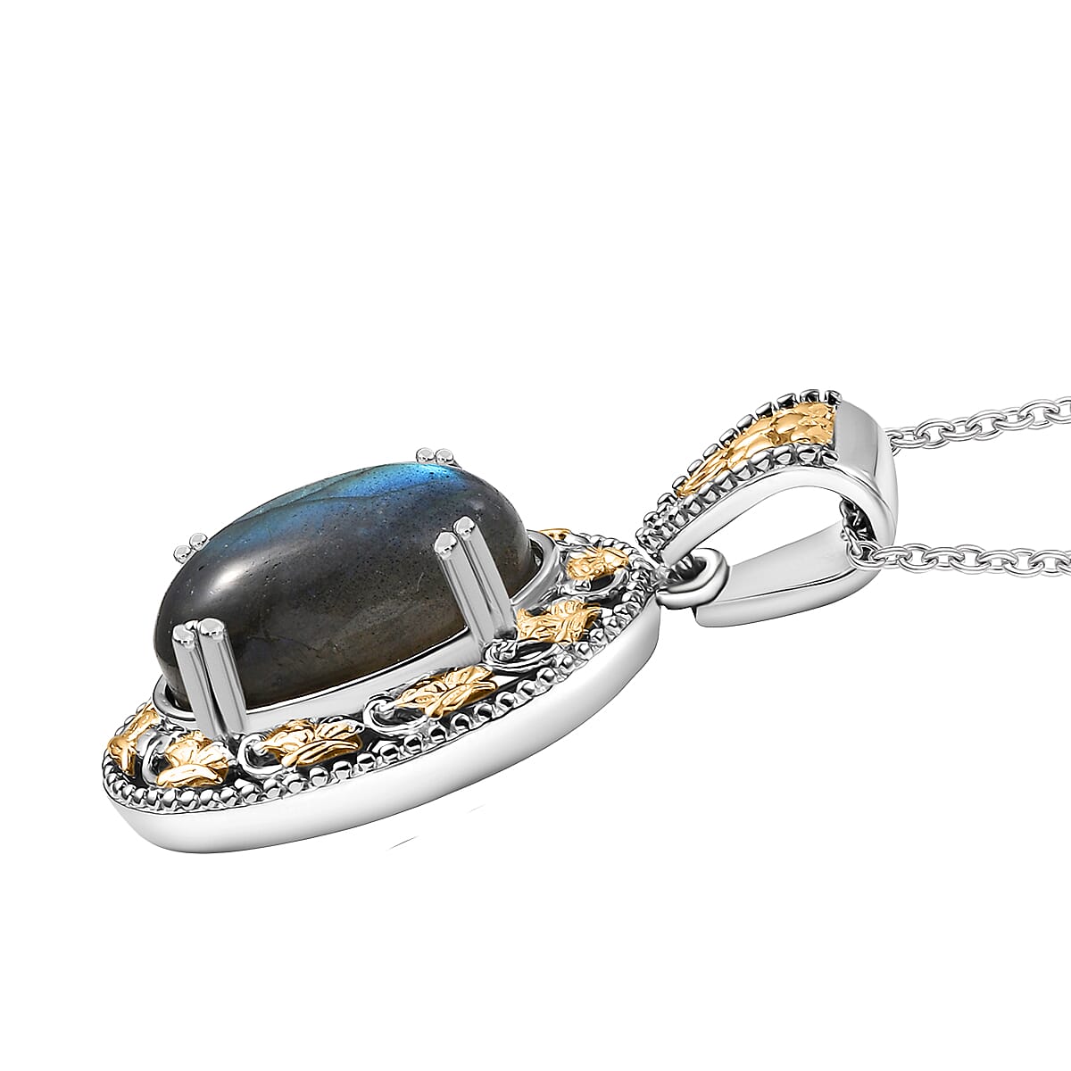 3 Piece Set - EverTrue Malagasy Labradorite 36.60 ctw Vintage Mirror Earrings, Ring (Size 9) and Pendant in 18K YG Plated and Platinum Bond with Stainless Steel Chain 20 Inches   image number 5