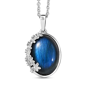 EverTrue Malagasy Labradorite and White Zircon 9.15 ctw Pendant in Platinum Bond with Stainless Steel Necklace 20 Inches