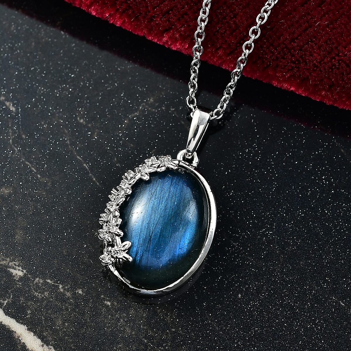 EverTrue Malagasy Labradorite and White Zircon 9.15 ctw Pendant in Platinum Bond with Stainless Steel Necklace 20 Inches image number 1