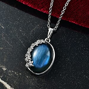 EverTrue Malagasy Labradorite, White Zircon Pendant in Platinum Bond with Stainless Steel Necklace 9.15 ctw (20 Inches)