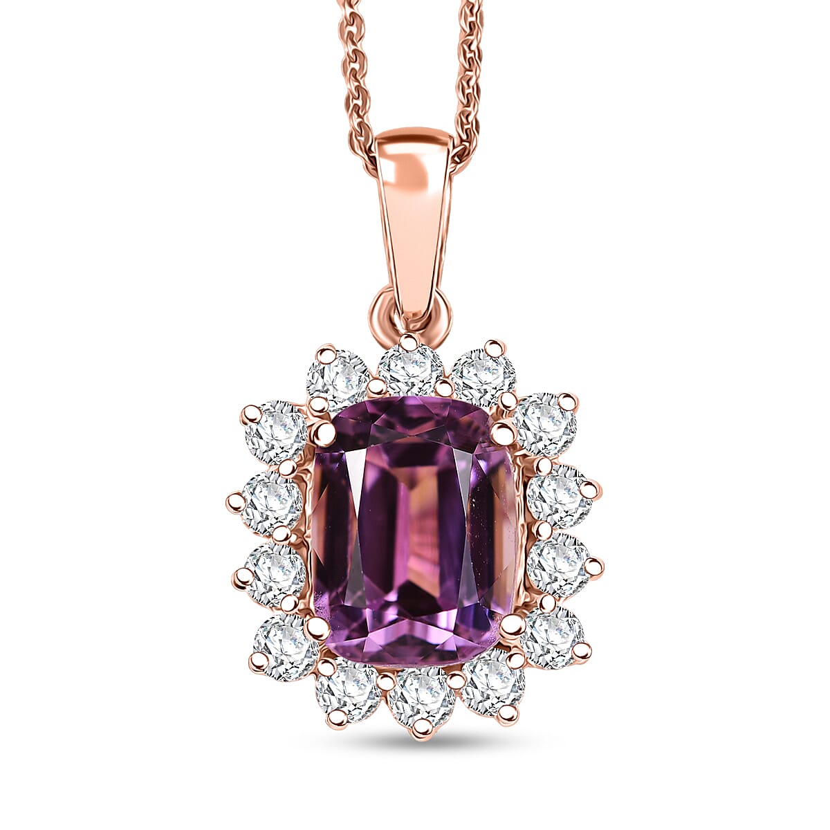D'Joy AAA Patroke Kunzite and Moissanite 5.90 ctw Halo Pendant Necklace in 18K Vermeil Rose Gold Over Sterling Silver 20 Inches image number 0