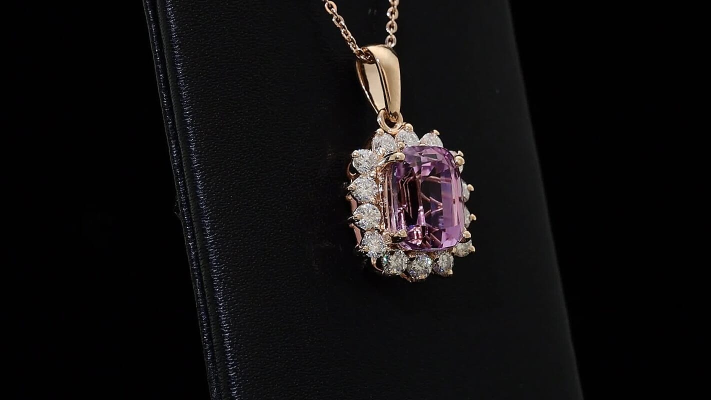 D'Joy AAA Patroke Kunzite, Moissanite Pendant Necklace (20 Inches) in 18K Vermeil RG Over Sterling Silver 5.90 ctw