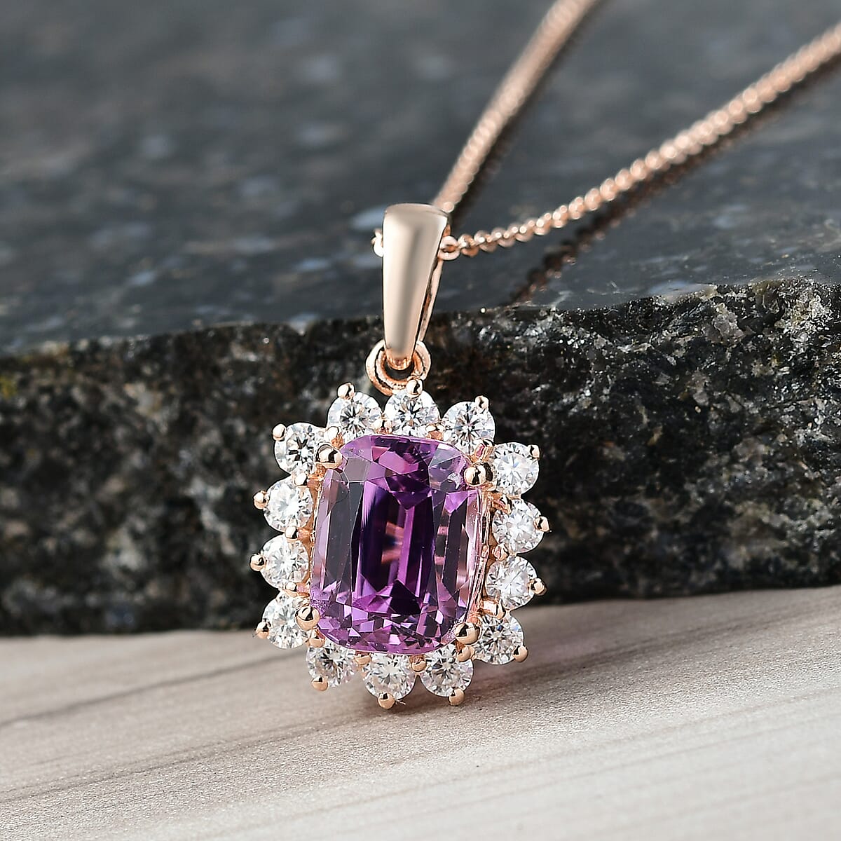 D'Joy AAA Patroke Kunzite and Moissanite 5.90 ctw Halo Pendant Necklace in 18K Vermeil Rose Gold Over Sterling Silver 20 Inches image number 1