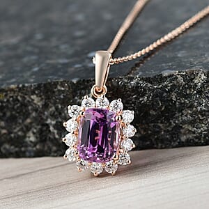 D'Joy AAA Patroke Kunzite, Moissanite Halo Pendant Necklace in 18K Vermeil RG Over Sterling Silver 5.90 ctw (20 Inches)