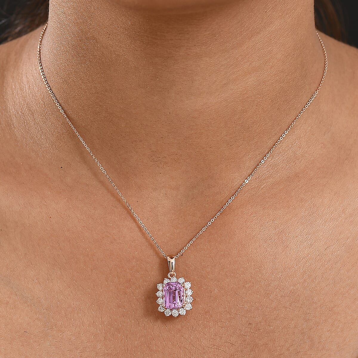D'Joy AAA Patroke Kunzite and Moissanite 5.90 ctw Halo Pendant Necklace in 18K Vermeil Rose Gold Over Sterling Silver 20 Inches image number 2