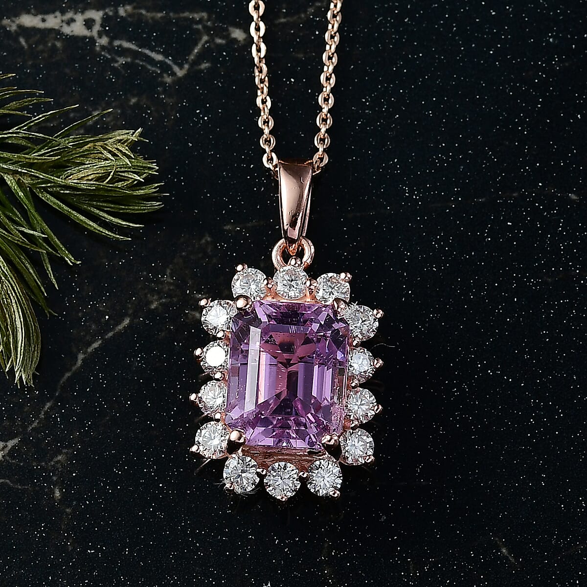 D'Joy AAA Patroke Kunzite, Moissanite Halo Pendant Necklace in 18K Vermeil RG Over Sterling Silver 5.70 ctw (20 Inches) image number 1