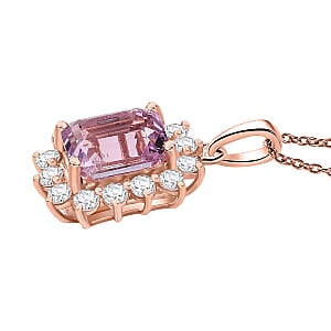 D'Joy AAA Patroke Kunzite, Moissanite Halo Pendant Necklace in 18K Vermeil RG Over Sterling Silver 5.70 ctw (20 Inches)