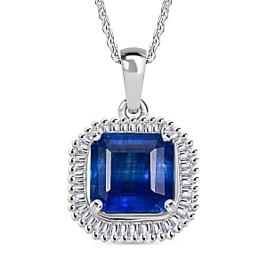 D'Joy Asscher Cut Kashmir Kyanite and Diamond 3.00 ctw Stargate Majesty Pendant Necklace in Rhodium Over Sterling Silver 20 Inches