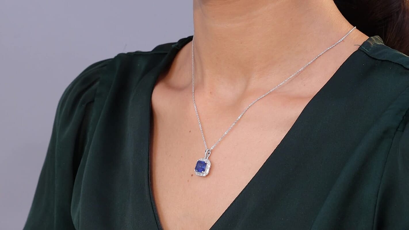 D'Joy Asscher Cut Kashmir Kyanite and Diamond 3.00 ctw Stargate Majesty Pendant Necklace in Rhodium Over Sterling Silver 20 Inches