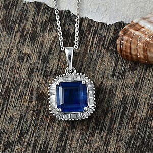D'Joy Asscher Cut Kashmir Kyanite and Diamond 3.00 ctw Stargate Majesty Pendant Necklace in Rhodium Over Sterling Silver 20 Inches