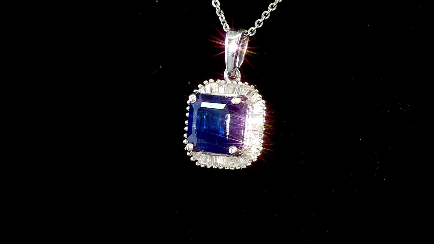 D'Joy Asscher Cut Kashmir Kyanite and Diamond 3.00 ctw Stargate Majesty Pendant Necklace in Rhodium Over Sterling Silver 20 Inches