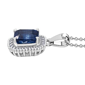 D'Joy Asscher Cut Kashmir Kyanite and Diamond 3.00 ctw Stargate Majesty Pendant Necklace in Rhodium Over Sterling Silver 20 Inches