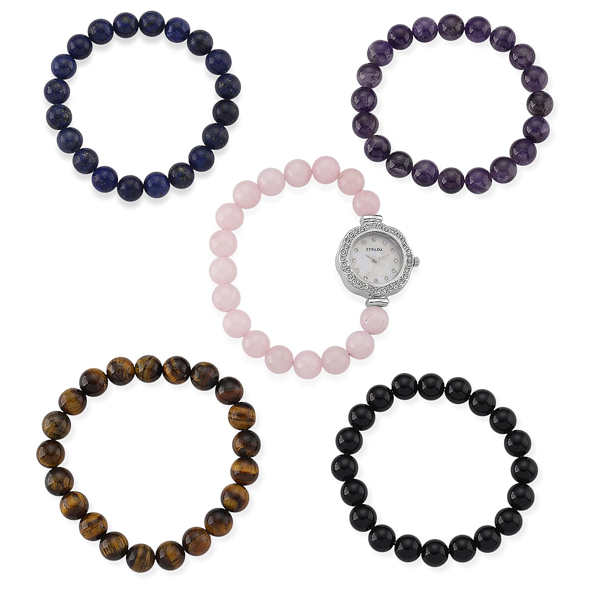 Strada Multi Gemstone Japanese Movement Bracelet Watch and 4pcs Beaded Bracelet (7-7.5In) in Silvertone 145.00 ctw image number 0