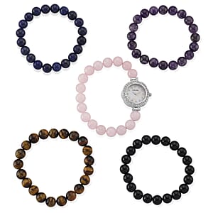 Strada Multi Gemstone Japanese Movement Bracelet Watch and 4pcs Beaded Bracelet (7-7.5In) in Silvertone 145.00 ctw