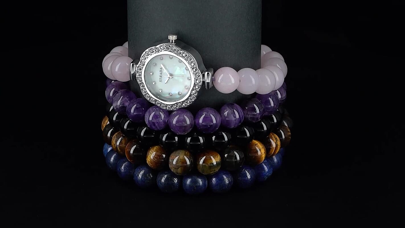 Strada Multi Gemstone Japanese Movement Bracelet Watch and 4pcs Beaded Bracelet (7-7.5In) in Silvertone 145.00 ctw