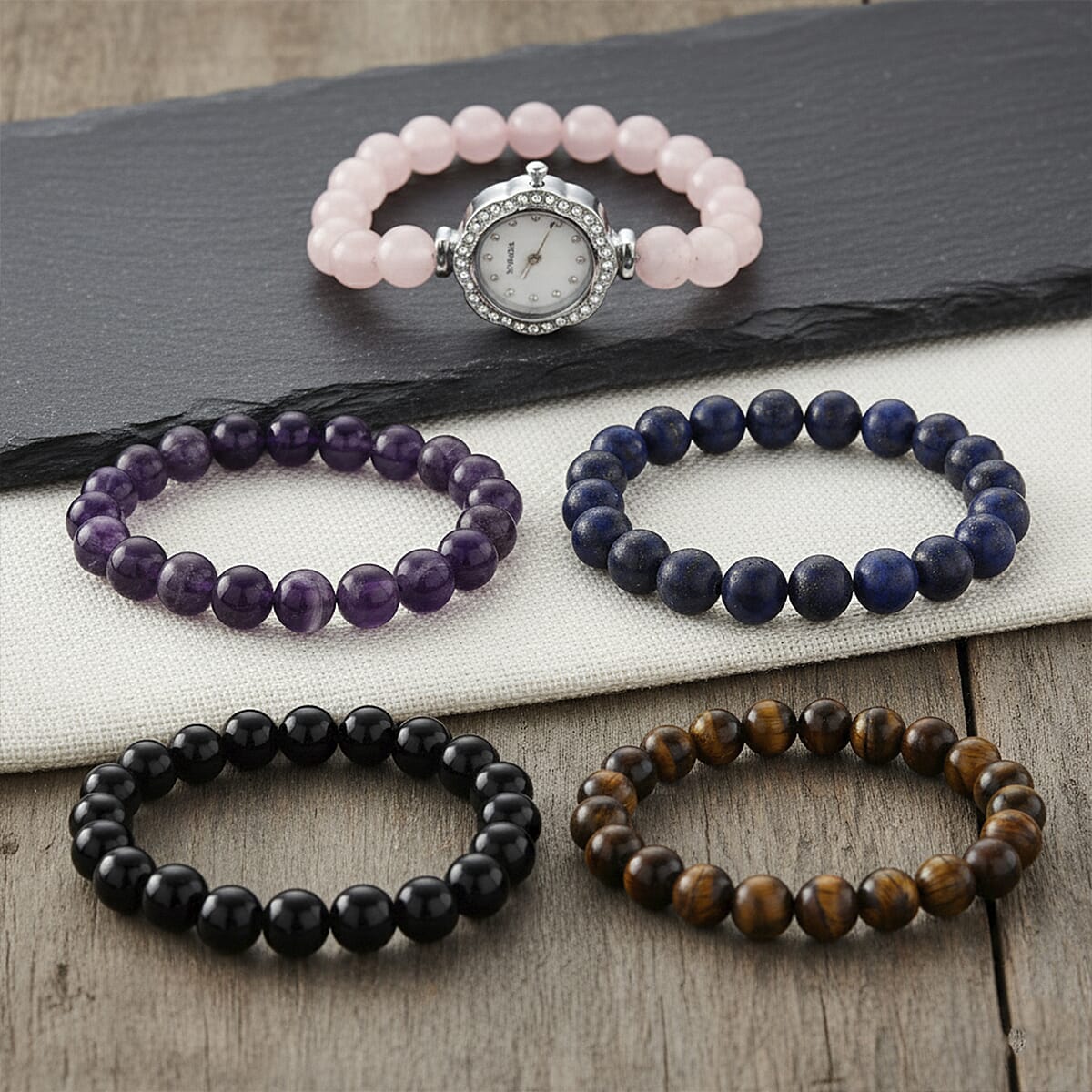 Strada Multi Gemstone Japanese Movement Bracelet Watch and 4pcs Beaded Bracelet (7-7.5In) in Silvertone 145.00 ctw image number 1