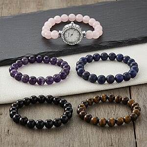 Strada Multi Gemstone Japanese Movement Bracelet Watch and 4pcs Beaded Bracelet (7-7.5In) in Silvertone 145.00 ctw