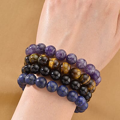 Strada Multi Gemstone Japanese Movement Bracelet Watch and 4pcs Beaded Bracelet (7-7.5In) in Silvertone 145.00 ctw