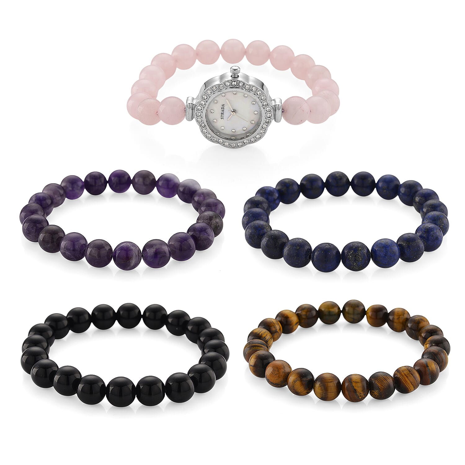 Strada Multi Gemstone Japanese Movement Bracelet Watch and 4pcs Beaded Bracelet (7-7.5In) in Silvertone 145.00 ctw