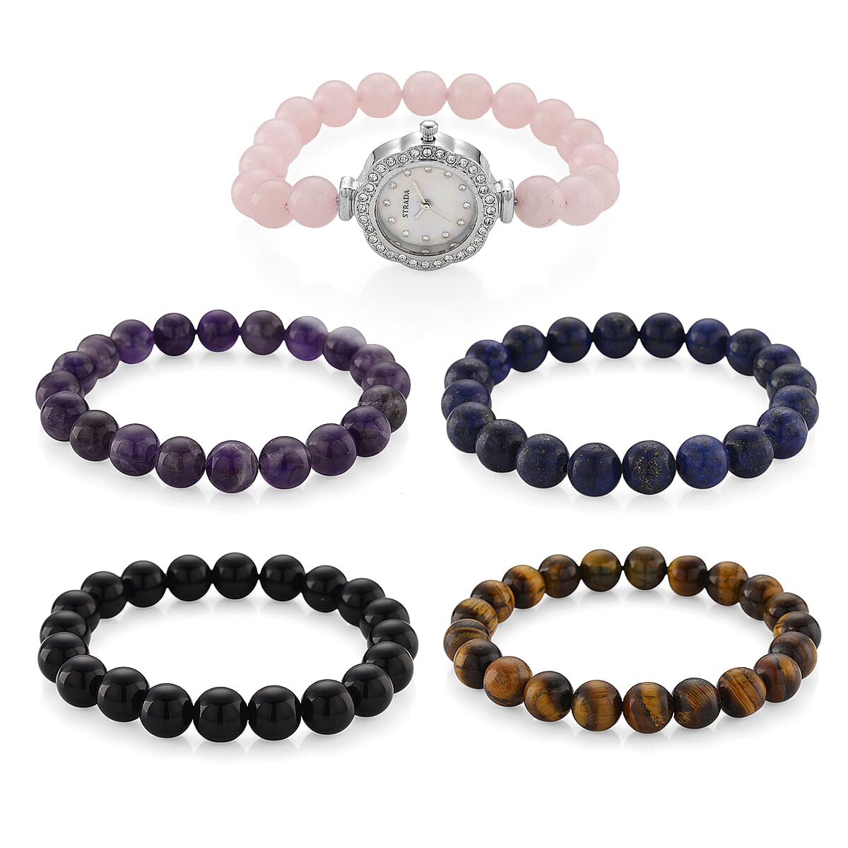 Strada Multi Gemstone Japanese Movement Bracelet Watch and 4pcs Beaded Bracelet (7-7.5In) in Silvertone 145.00 ctw image number 4